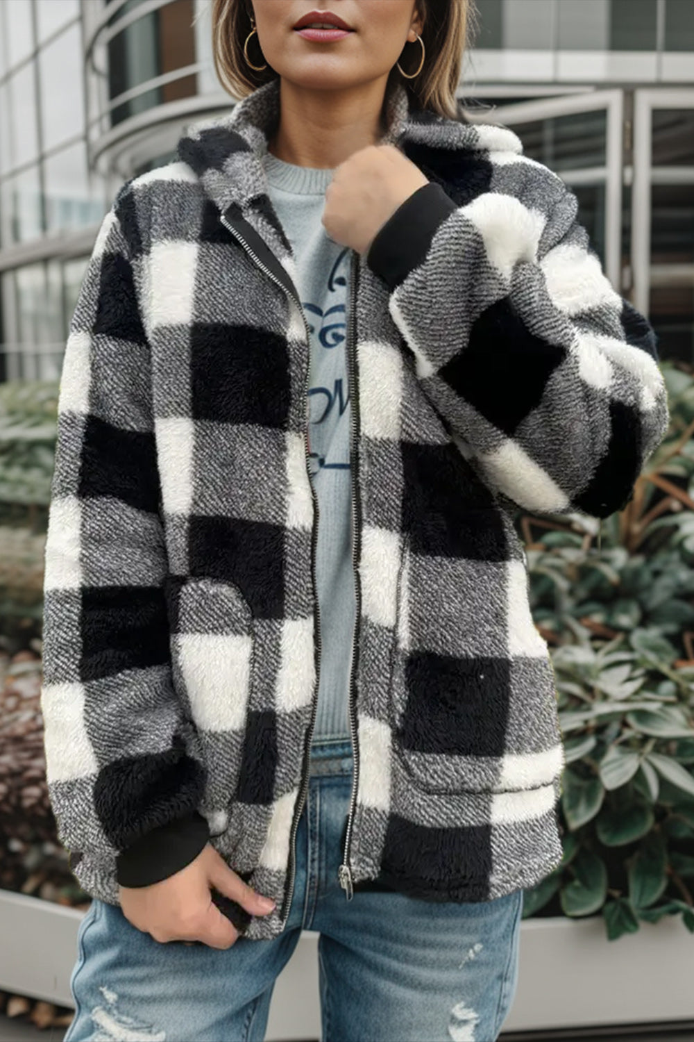 Plaid Long Sleeve Hooded Coat