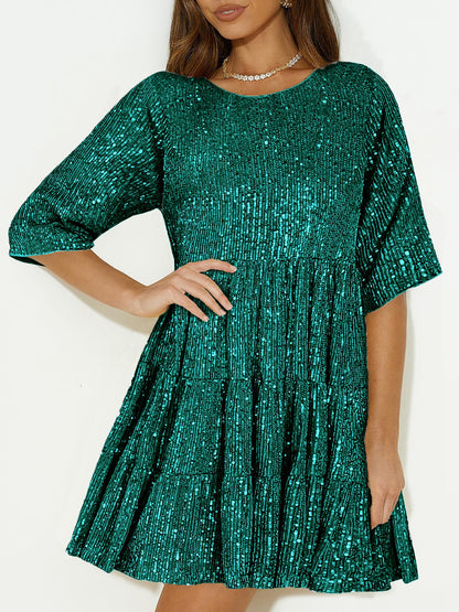 Sequin Round Neck Half Sleeve Mini Dress