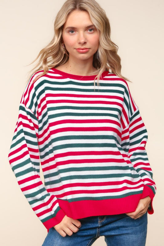 Striped Contrast Side Slit Knit Top