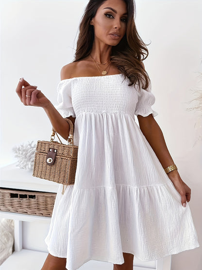 Ruffled Off-Shoulder Short Sleeve Dress