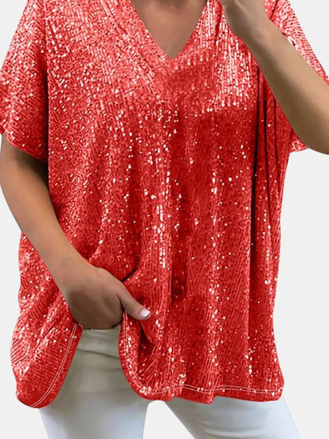 Sequin V-Neck Short Sleeve Top