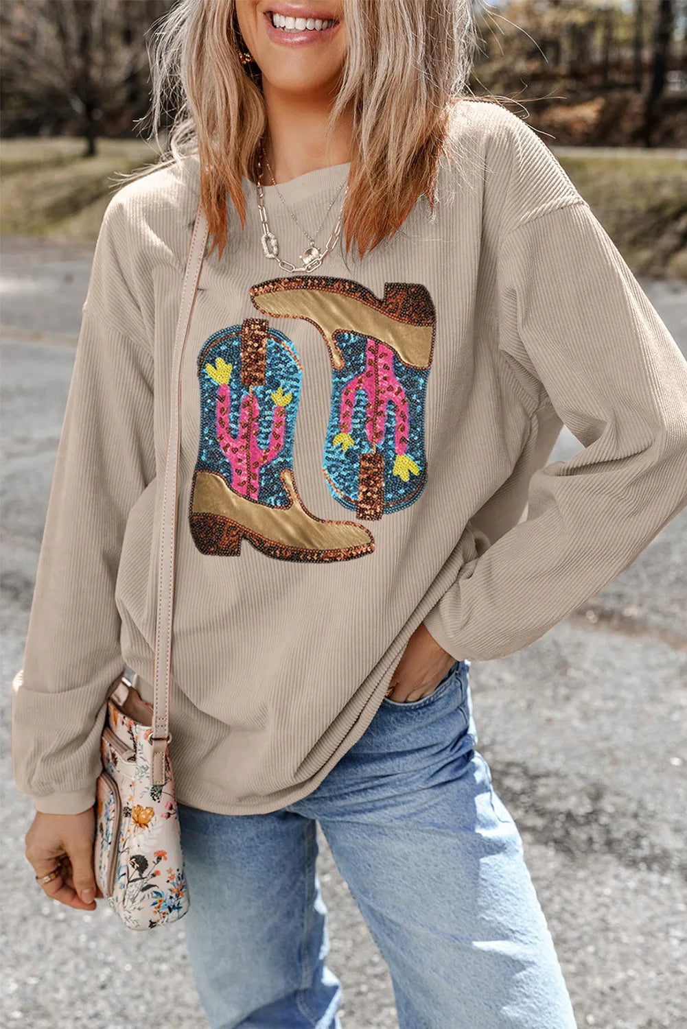 Sequin Boots Round Neck Long Sleeve Sweatshirt