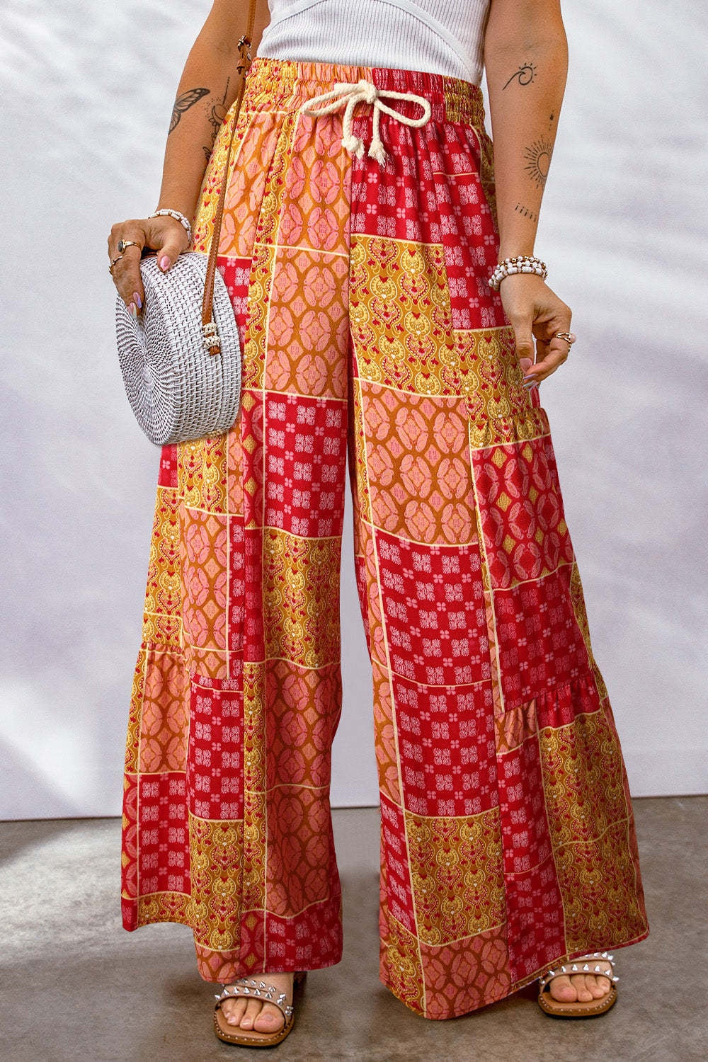 Drawstring Printed Wide Leg Pants