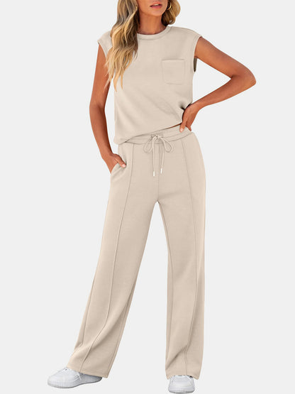 Round Neck Top and Drawstring Pants Set