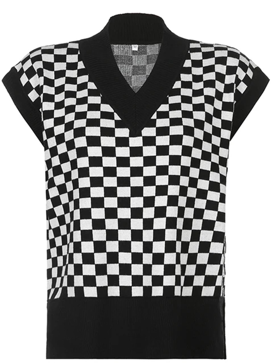 Checkered V-Neck Cap Sleeve Sweater