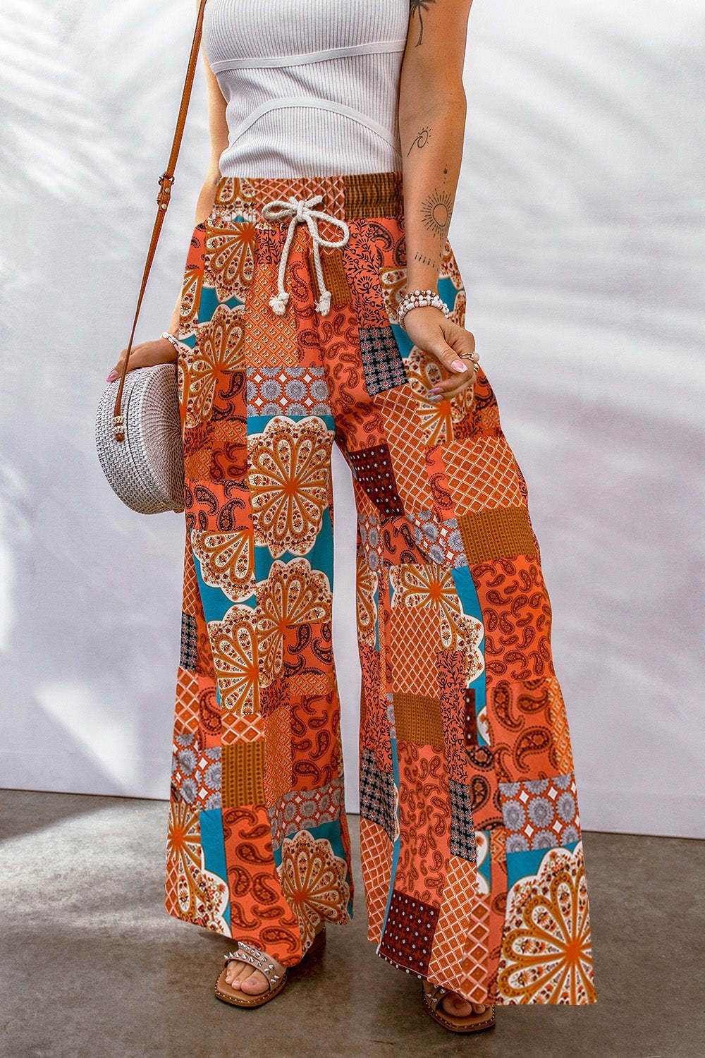 Drawstring Printed Wide Leg Pants