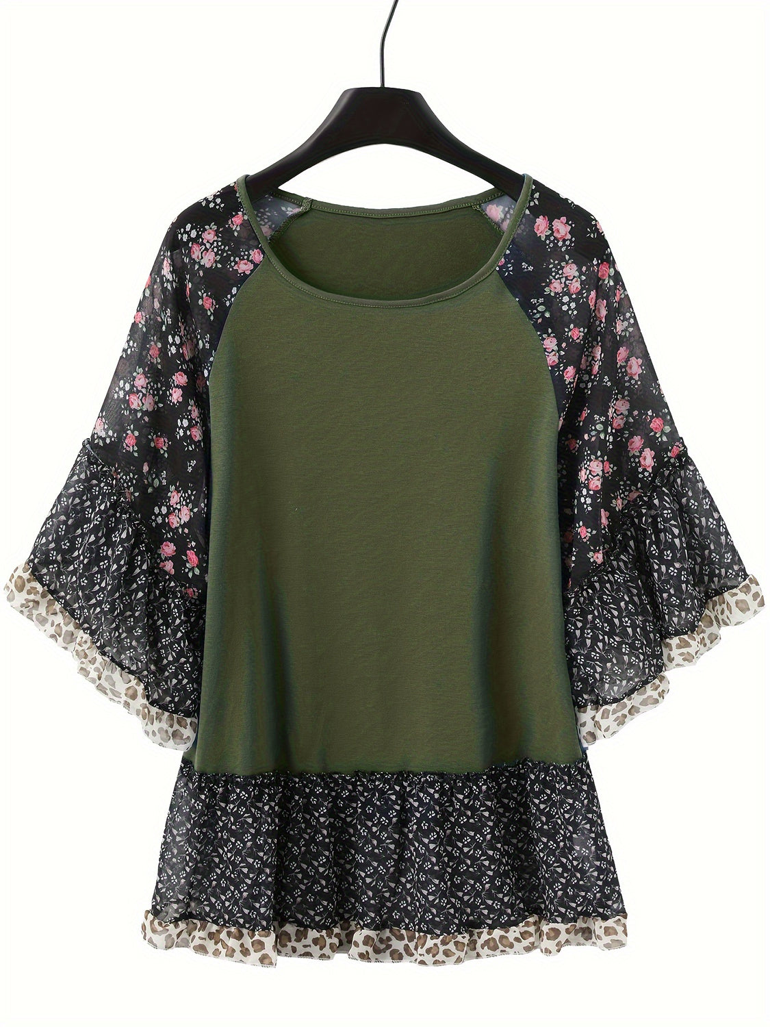 Full Size Frill Printed Round Neck Half Sleeve Blouse