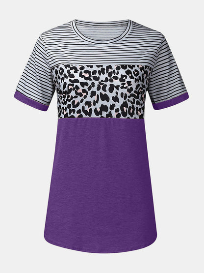 Full Size Striped Leopard Round Neck Short Sleeve T-Shirt