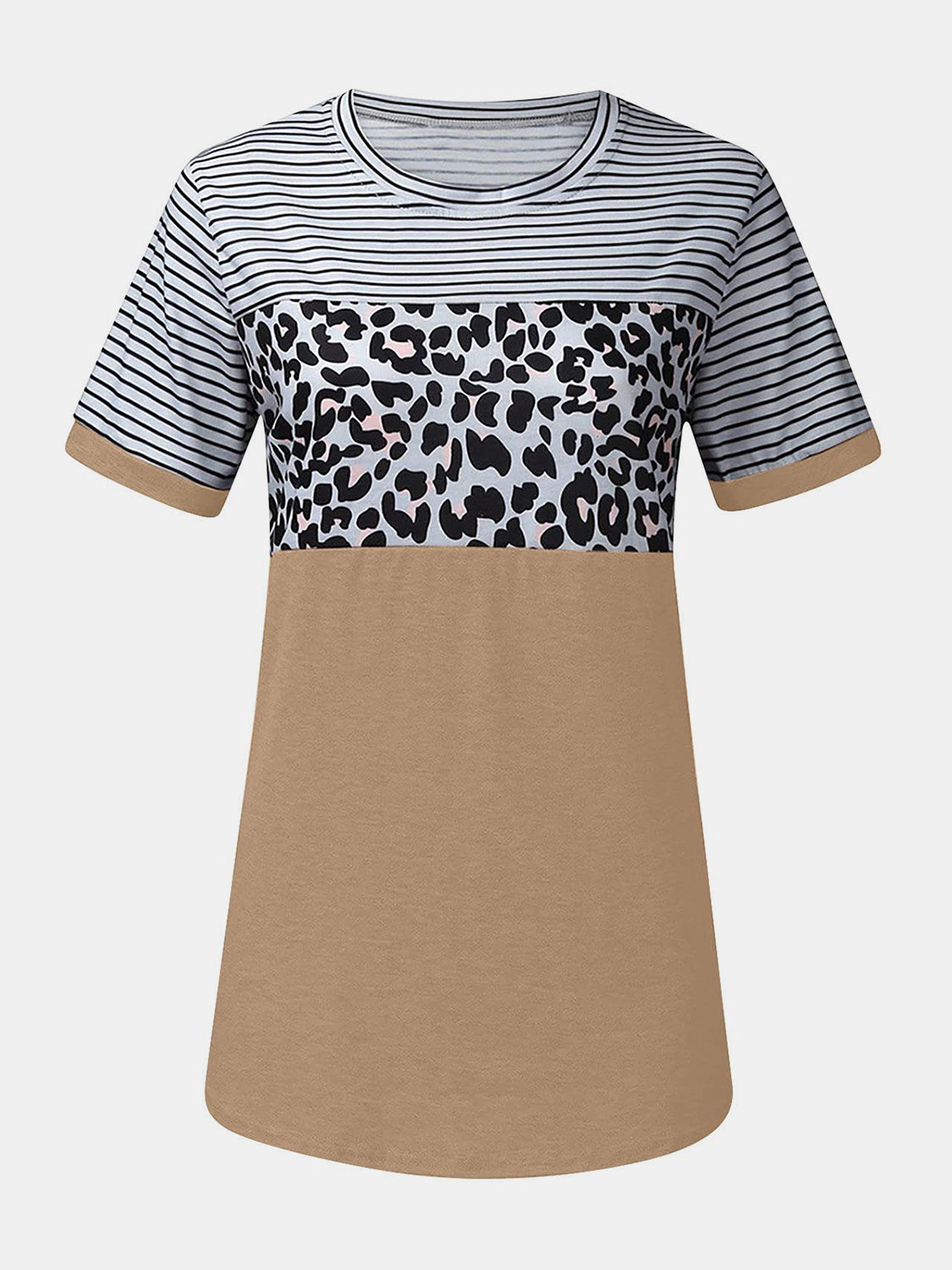 Full Size Striped Leopard Round Neck Short Sleeve T-Shirt