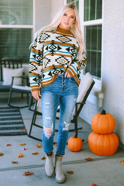 Geometric Round Neck Long Sleeve Sweater