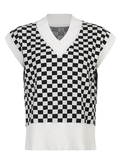 Checkered V-Neck Cap Sleeve Sweater