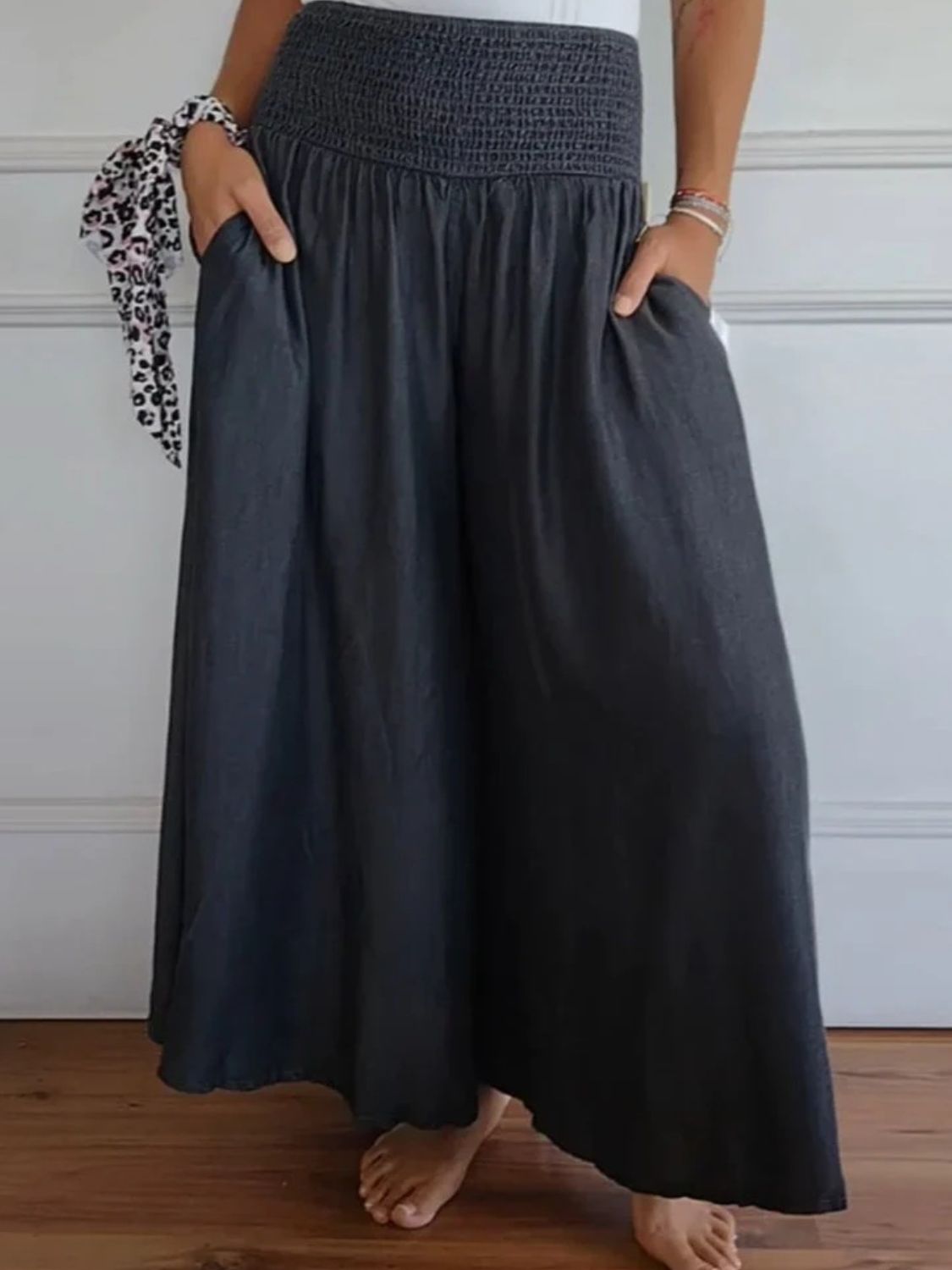 Smocked Wide Leg Pants with Pockets