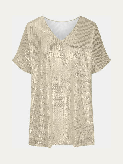 Sequin V-Neck Short Sleeve Top