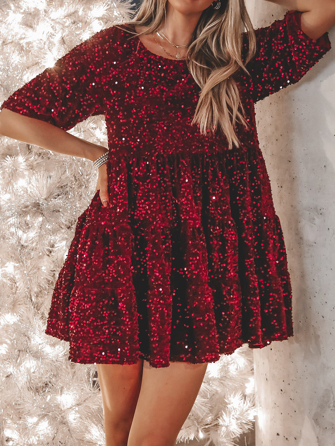 Sequin Round Neck Half Sleeve Mini Dress