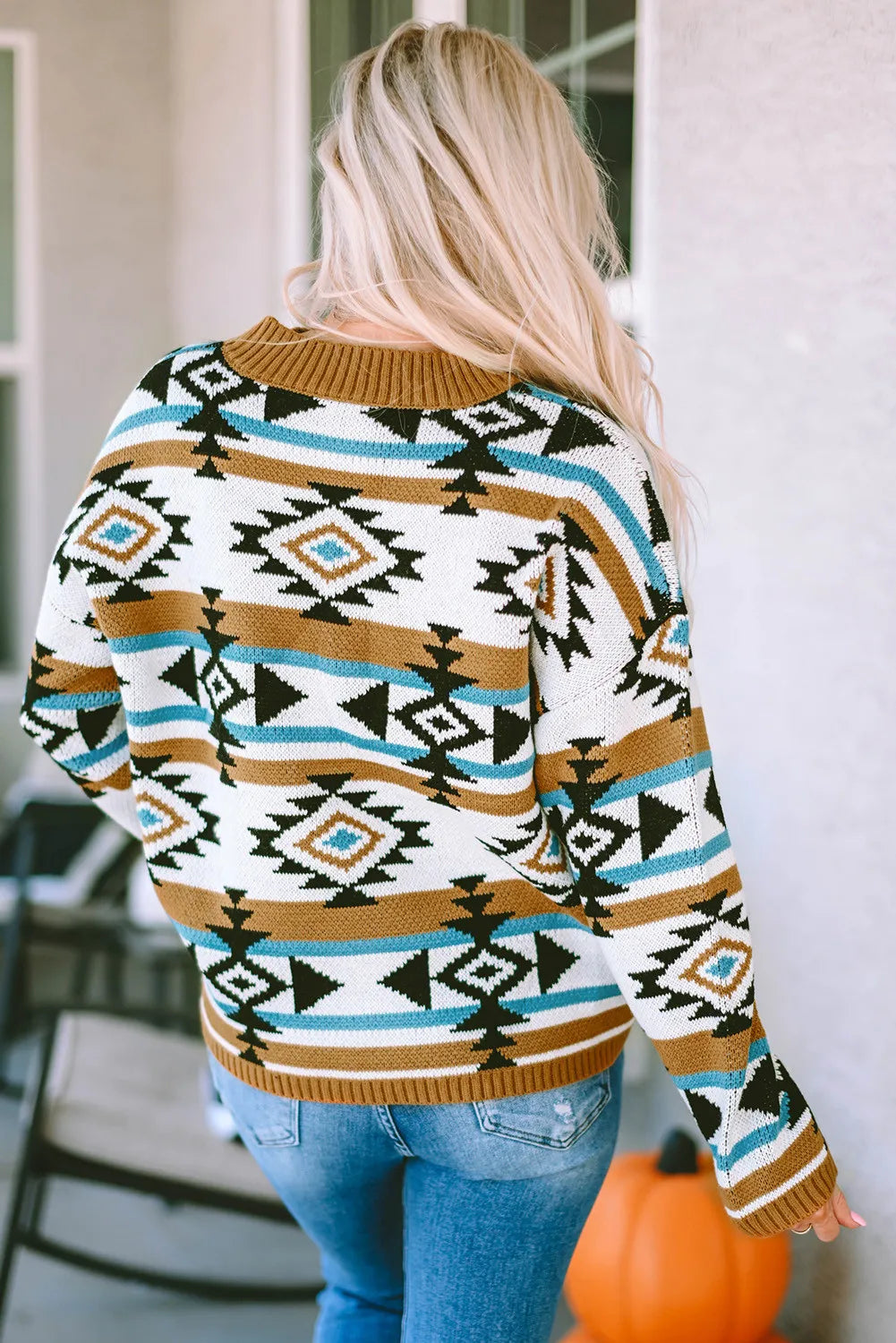 Geometric Round Neck Long Sleeve Sweater