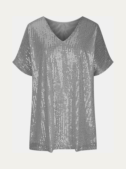 Sequin V-Neck Short Sleeve Top