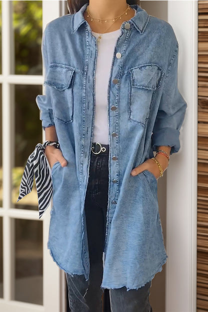 Pocketed Button Up Long Sleeve Denim Jacket