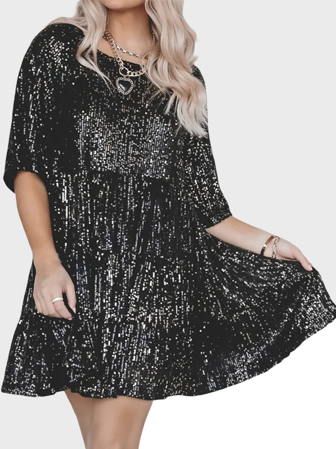 Sequin Round Neck Half Sleeve Mini Dress