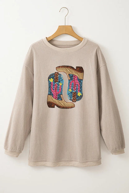 Sequin Boots Round Neck Long Sleeve Sweatshirt