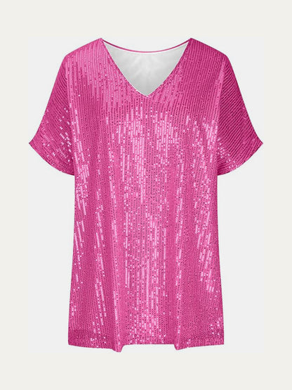 Sequin V-Neck Short Sleeve Top